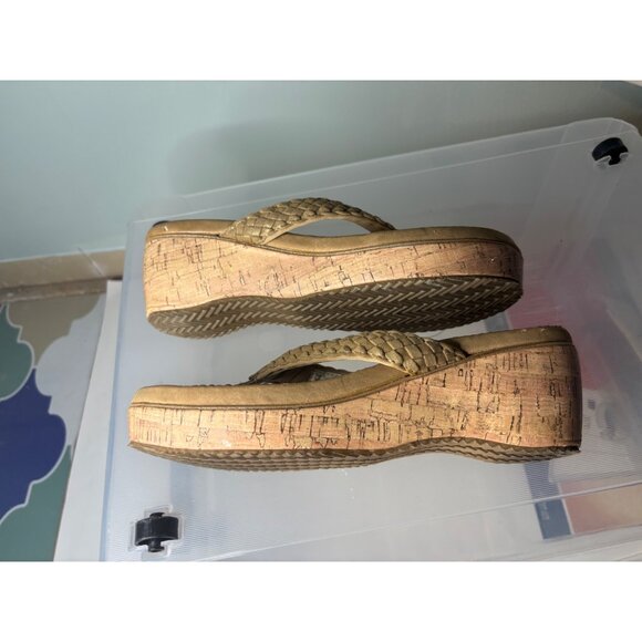 Volatile Woven Cork Wedge Sandals Tan Sz 10 Braided Strap Open Toe Faux Leather - Picture 8 of 12